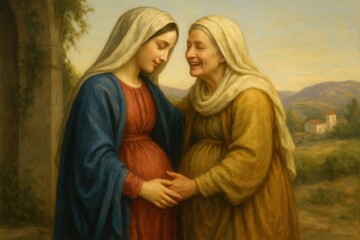Visitation Mary Elizabeth Pregnant Biblical Scene Holy Women Meeting