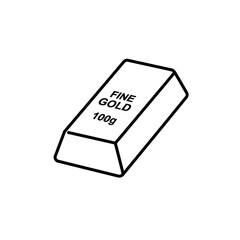 A simple line drawing depicts a solid gold bar labeled 'FINE GOLD 100g' against a clean white background, symbolizing wealth.