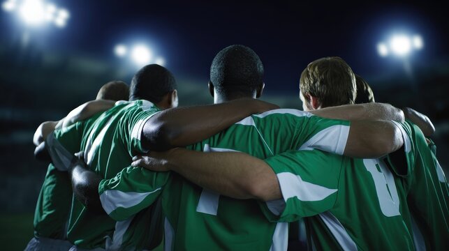 A team of soccer players in green jerseys huddle together under bright stadium lights, showing unity and teamwork during a night game.