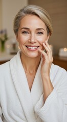 An Attractive Blonde Woman Smiles While Wearing a White Bathrobe Smiling Gracefully