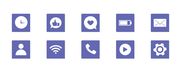 Purple User Interface Icon Set for Web and Mobile UI collection flat design icons including social media engagement, communication, and general navigation user, settings