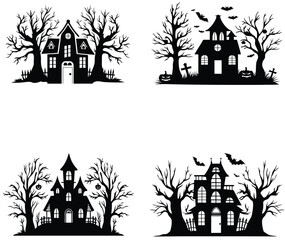 Set of Halloween haunted houses silhouette. A big bundle vector illustration perfect for halloween project. Haunted House, Owl, Candle, Mask, Chains, Graveyard, Raven