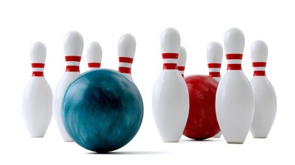 Blue ball is in the middle of a row of white bowling pins. The blue ball is the only one that is not white