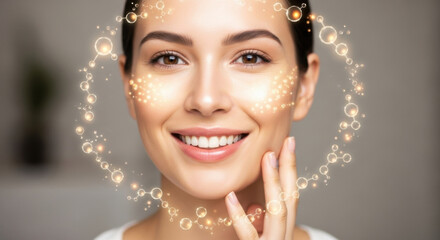 Happy young woman with radiant face for beauty and cosmetic concept. molecule circle creates skincare glow on her perfect skin, showing new anti aging treatment