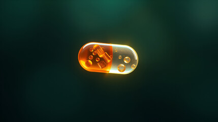 A glowing vitamin capsule suspended in midair, surrounded by a halo of energy