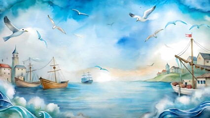 Watercolor seaside elements such as seagulls, docks, nets, and waves forming a vertical frame on both sides, center space left blank for text, ideal for travel brochures, marine packaging
