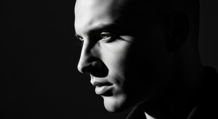 Dramatic black and white portrait of sad, pensive man. His serious face in profile shown with high contrast light and deep shadow against dark background, feeling lonely