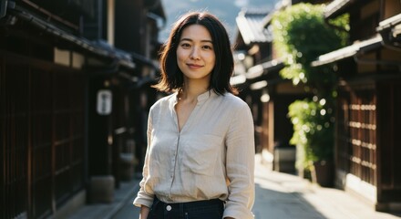 Beautiful Asian Woman Posing In Historic Japanese Street And Smiling