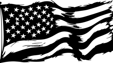 Black and white illustration of a waving American flag