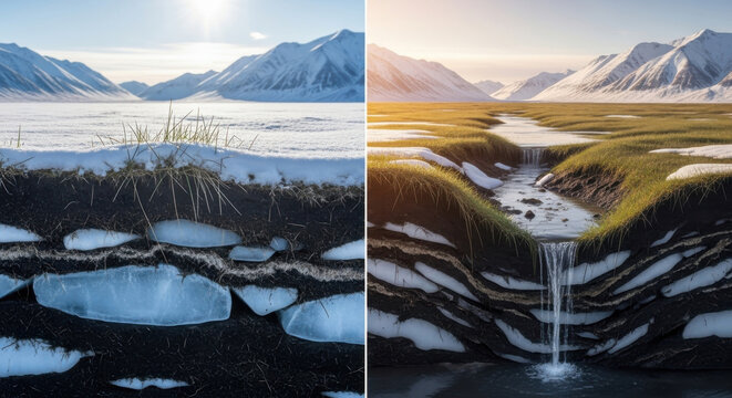 Dramatic comparison landscape showing permafrost thaw. frozen arctic ground melting from global warming, powerful concept highlighting climate change and its effect on environment