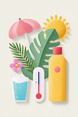 Summer heatwave essentials with thermometer showing increasing temperature