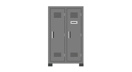 Front view of two grey metal school lockers with vertical handles and ventilation slots.