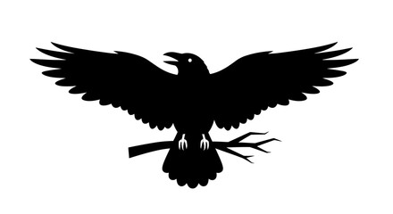 Obraz premium Graphic silhouette of a cawing raven with wings spread, perched on a tree branch.