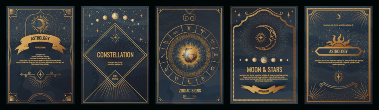 Moon frame. Magic horoscope. Astrology stars constellation and Sun celestial border. Future prediction brochure template. Esoteric planets wheel. Gold zodiac cards set. Vector line art