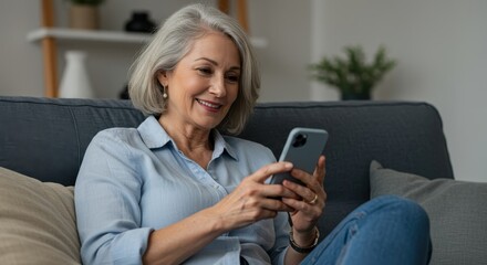 Smiling Senior Woman Using a Smartphone Indoors on Her Couch