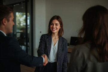 A smiling woman shaking hands celebrating a new business deal with a bright modern office 