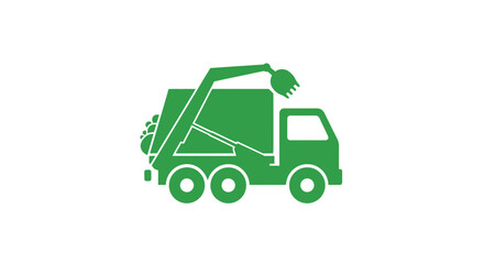 Fototapeta premium Minimalist green garbage truck icon with a front-loading mechanical arm collecting waste.