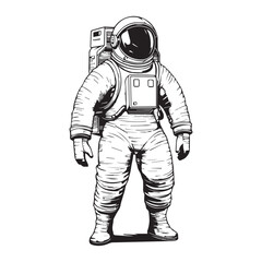 A simple black and white line drawing of an astronaut in a space suit. 