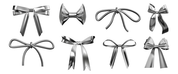 3d silver ribbon. Y2K gift bow, chrome or metal shape elements, hologram coquette tie. Liquid bowknot. Render glossy isolated decorative trendy objects, packaging design, vector icons set