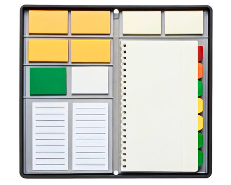Stationery organizer with spiral notebook and colorful sticky notes on a transparent background