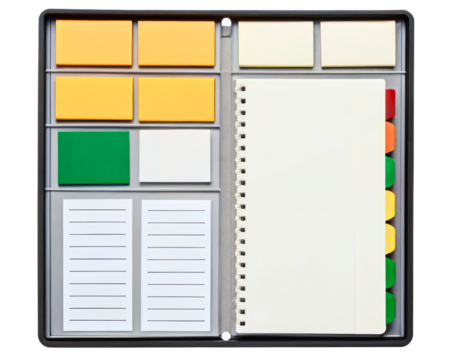 Stationery organizer with spiral notebook and colorful sticky notes on a transparent background