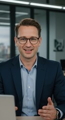 Confident Business Man In An Office Setting Looks Directly At Camera Screen