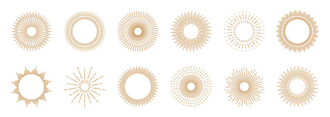 Sun light. Line round rays, sunbeam golden, sparkle and burst gold emblem. Vintage firework shape, retro sunburst. Round frames isolated decorative graphics. Logo design. Vector outline set