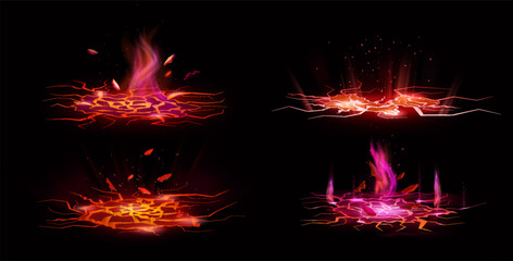Gold crack. Lava ground effect. Light fire floor or volcano splashes. Terrain smash. Split molten break or glow burn land surface. Damage fissure with magma. Volcanic elements vector set