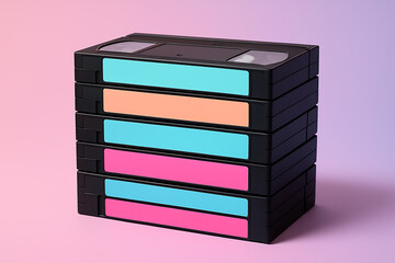 Stack of vintage VHS tapes with colorful pastel labels on pink and purple gradient background, nostalgic retro entertainment concept