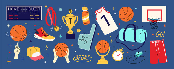 Basketball stickers. Sport ball and basket. Doodle retro whistle net for comic game players. Tournament scoreboard. Sportwear and champion award. Streetball stadium. Vector cartoon set