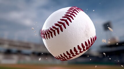 Baseball is in the air with a red stitching. The ball is white and red. The ball is in motion