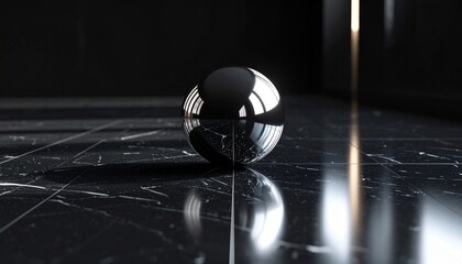 Futuristic chrome sphere floating above a reflective black marble floor, soft spotlight casting dynamic shadows across the surface