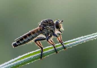 Robber Fly Covered in Dew Resting on a Blade of Grass