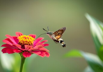 Hummingbird Hawk-Moth Feeding on Red Zinnia Flower