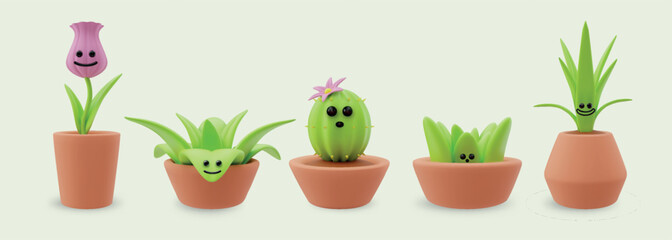 3d flowers. Plant face emoji in flowerpot, kawaii toy in pot. Nature home garden, green cactus characters. Cute houseplants with smiles. Render glossy isolated vector cartoon set