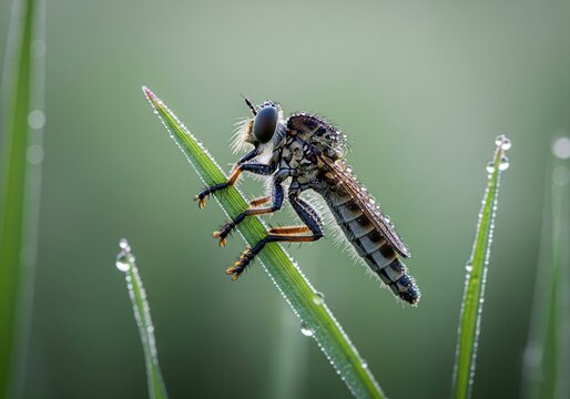 Robber Fly Covered in Dew Resting on a Blade of Grass