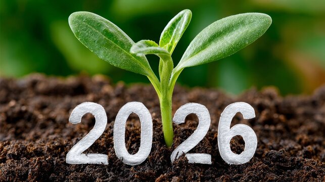 Plant is growing in the dirt with the numbers 2026 written on it. Concept of growth and progress, as the plant is growing and the numbers represent the year in which it will reach its full potential