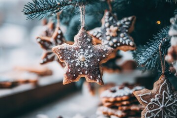 Festive Star Cookies Hanging on Blue Christmas Tree, Macro, Home Baking, Bokeh Lights, White Icing Details, Sweet Holiday Treat, Cozy Winter Scene