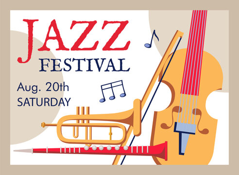 Jazz festival invitation. Musical concert banner. entertainment performance with saxophone and violin. Acoustic instruments. Orchestra flyer design. Vector cartoon isolated illustration