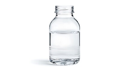 Clear glass bottle filled with water, isolated on a white background.