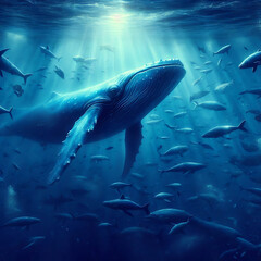 Fototapeta premium Two Dolphins Swimming in Sunny Ocean with Underwater Coral Reef