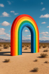 Vibrant rainbow colored arch installation standing in desert landscape with blue sky and distant mountain backdrop for modern outdoor art