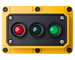 Industrial control panel with red and green signal lights on a transparent background