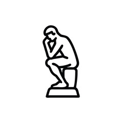 Outline a man sitting in a thinking pose on a pedestal statue