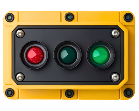 Industrial control panel with red and green signal lights on a transparent background