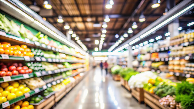 Blurry view of produce aisle in a supermarket with fruits and vegetables on display on shelves