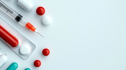 Medical syringe with red and white pills scattered on a light background, symbolizing healthcare and medication.