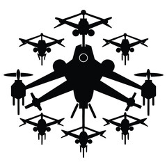 Drone technology and aviation conceptualized through a black and white illustration depicting future aerial vehicles