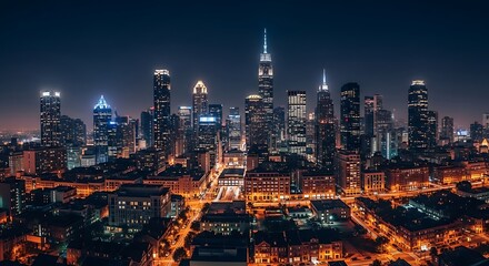 Fototapeta premium Captivating Downtown Cityscape at Night with Illuminated Skyscrapers and Glowing Streetlights