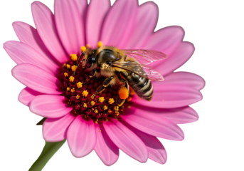 Close up of a bee collecting pollen from a pink daisy flower isolated on transparent background